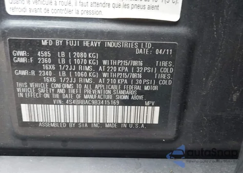 2011 Subaru Outback 2.5I z USA, uszkodzony, nr VIN 4S4BRBAC9B3415169